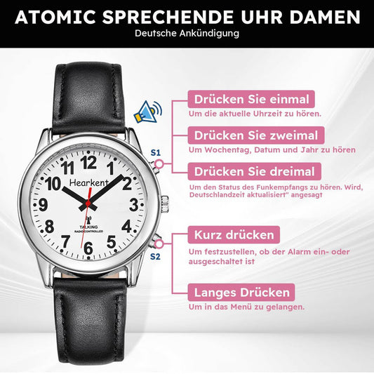 Hearkent Damen Sprechende Uhr, Senioren Armbanduhr, Blinden Uhr, Lederarmband, Funkuhr, Schwarz, Damengröße