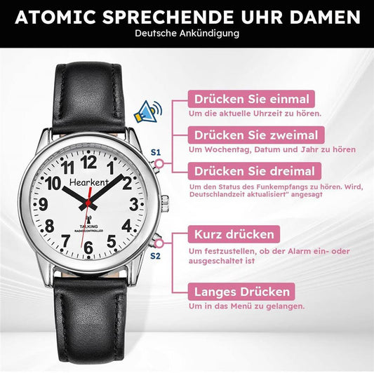 Hearkent Damen Sprechende Uhr, Senioren Armbanduhr, Blinden Uhr, Lederarmband, Funkuhr, Schwarz, Damengröße