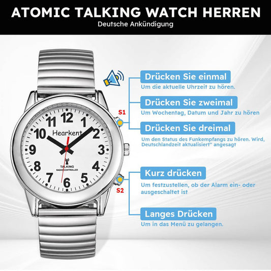 Hearkent Damen Sprechende Uhr, Funkuhr, Armbanduhr mit Metallband, für Senioren, Silber, Herrengröße