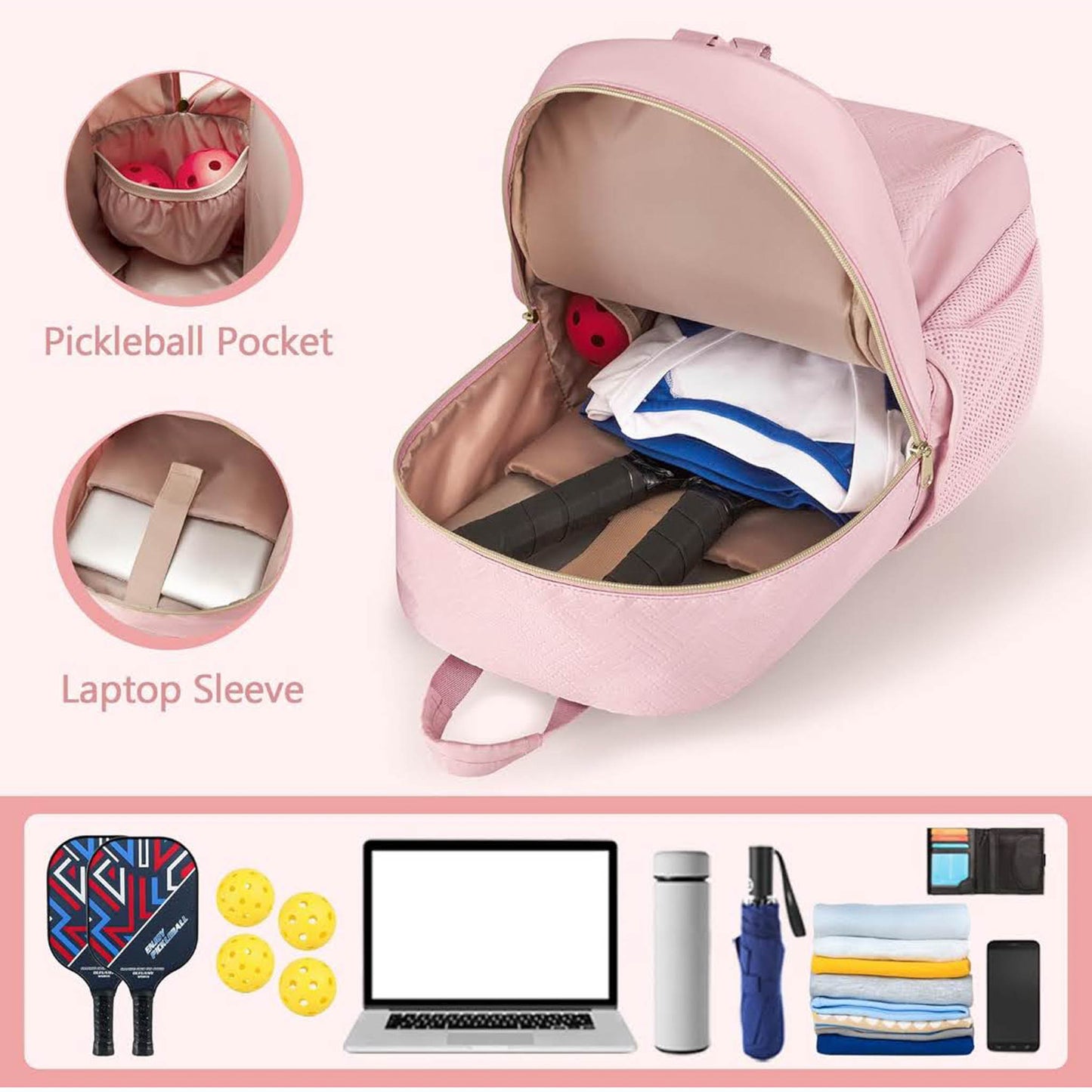 PROKVA Pickleball Bag, Paddel Rucksack, für 4 Paddel, großes Design, pink, für Frauen und Männer