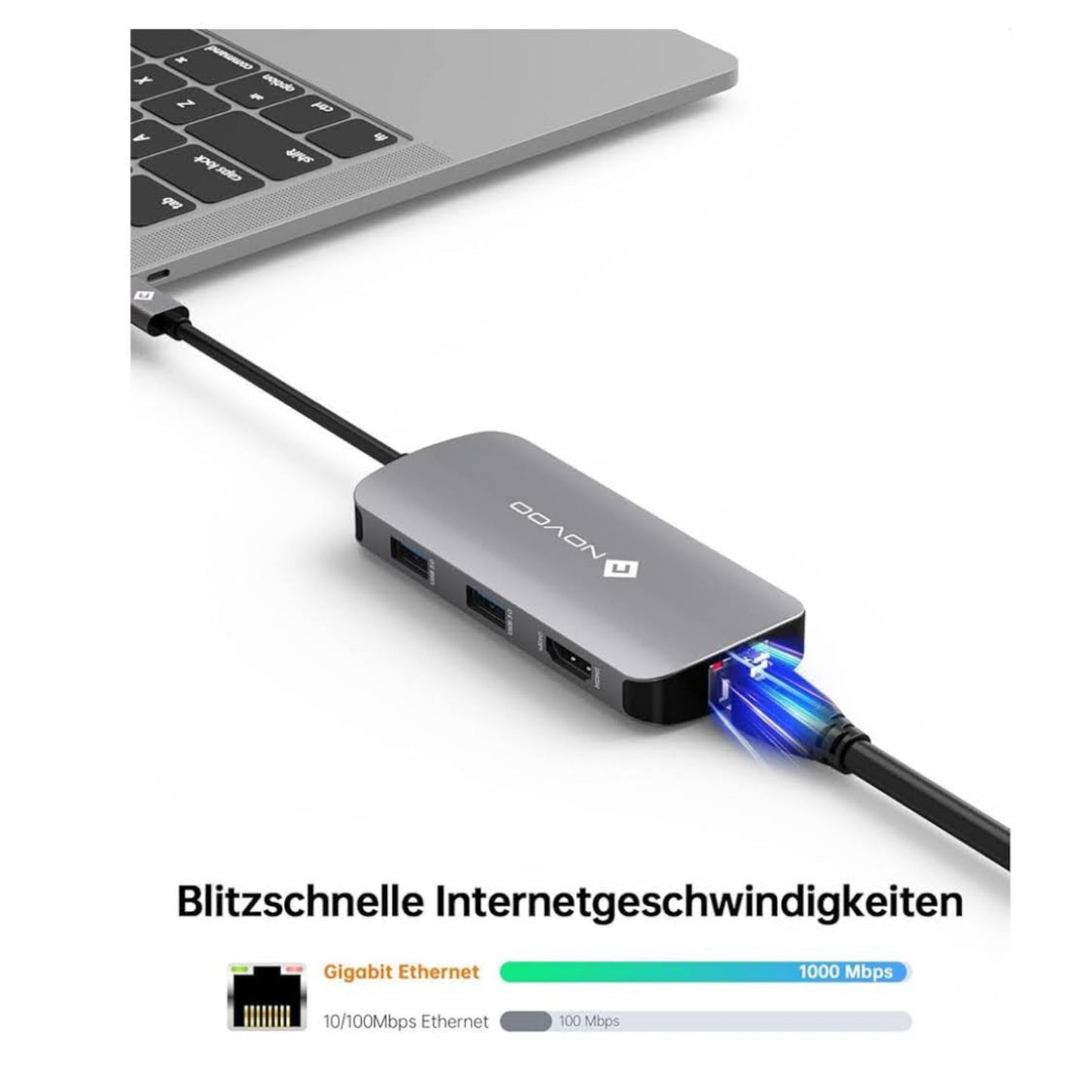 NOVOO USB C Hub 7-in-1, 4K HDMI, Gigabit Ethernet, 4x USB, 100W PD, kompatibel mit MacBook, Surface, Dell und Typ C Geräten.