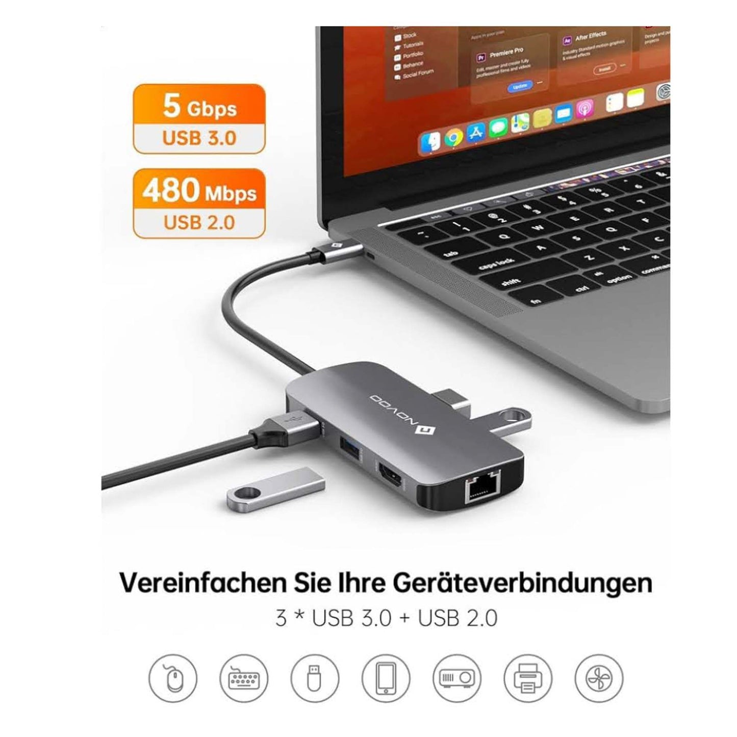 NOVOO USB C Hub 7-in-1, 4K HDMI, Gigabit Ethernet, 4x USB, 100W PD, kompatibel mit MacBook, Surface, Dell und Typ C Geräten.