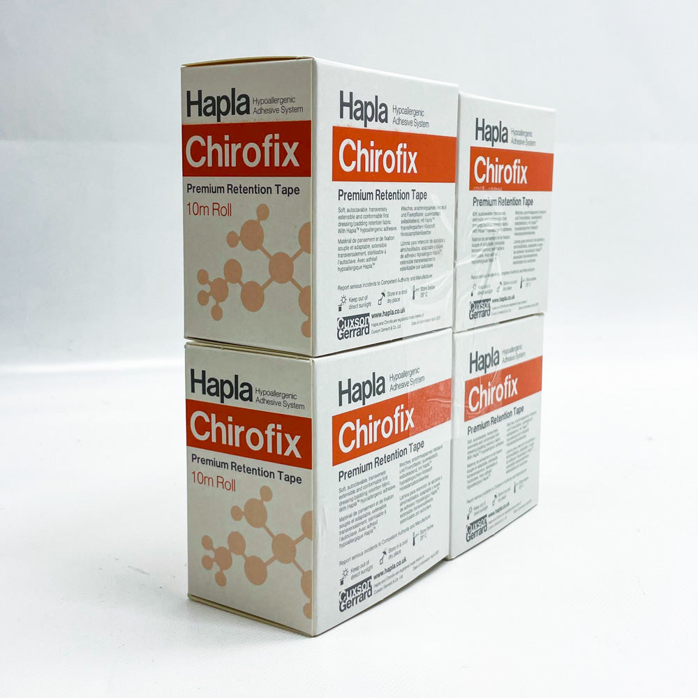 Chirofix Premium-Halteband, 4x Verband, 2x2.5cm, 10M Rollen, ideal für sicheren Halt und Stabilität, vielseitig einsetzbar.