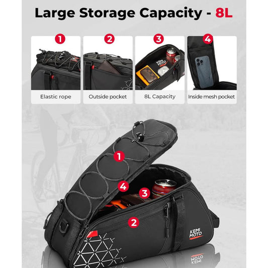 KEMIMOTO 2 IN 1 Gepäckträgertasche, 8L, Fahrradtasche, wasserdicht, mehrere Fächer, Tragegriff, Schultergurt