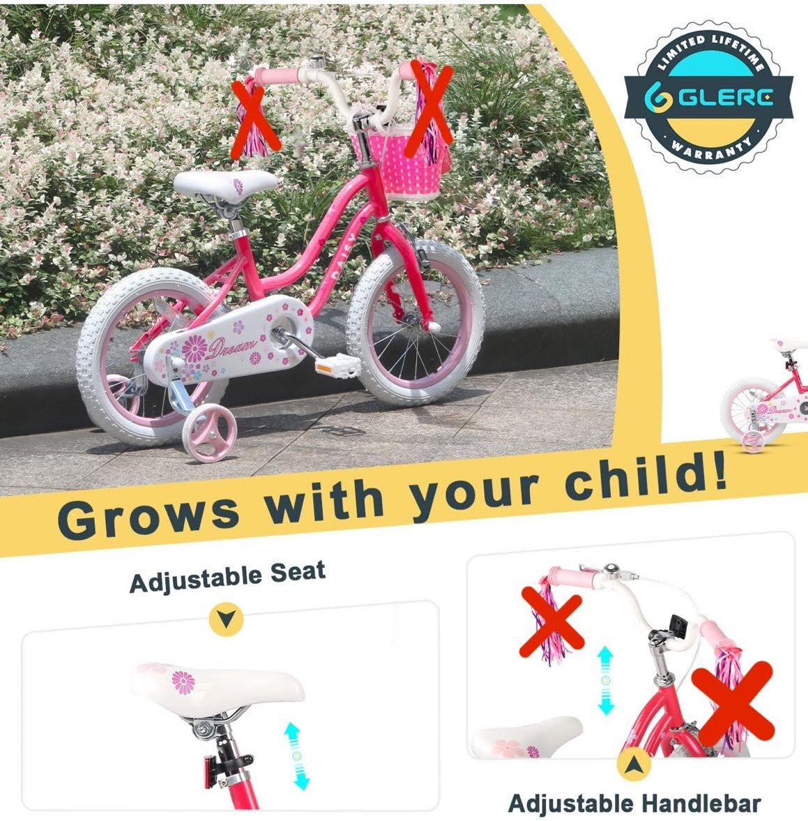Glerc Daisy 16 Zoll Kinderfahrrad rot für Mädchen 4-7 Jahre mit Stützrädern, Korb und Luftschlangen
