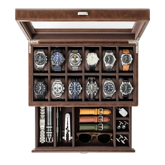 TAWBURY watch box for 12 watches – watch box for men with 12 compartments, brown, elegant watch box for men, ideal as a jewelry box for watches, practical watch box for men.