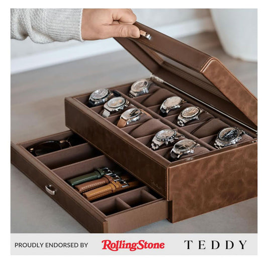TAWBURY watch box for 12 watches – watch box for men with 12 compartments, brown, elegant watch box for men, ideal as a jewelry box for watches, practical watch box for men.