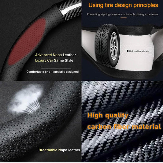 Autsop Lenkradbezug Universal 14.5-15 Zoll, perforiertes Nappa Leder, Kohlefaser, für Sommer & Winter, Auto Zubehör