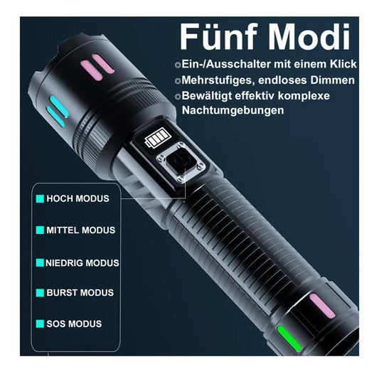 LED Taschenlampe 500000 Lumen, IP67 wasserdicht, einstellbarer Fokus, Aufladbar & Batteriebetrieben, ideal für Camping und Outdoor