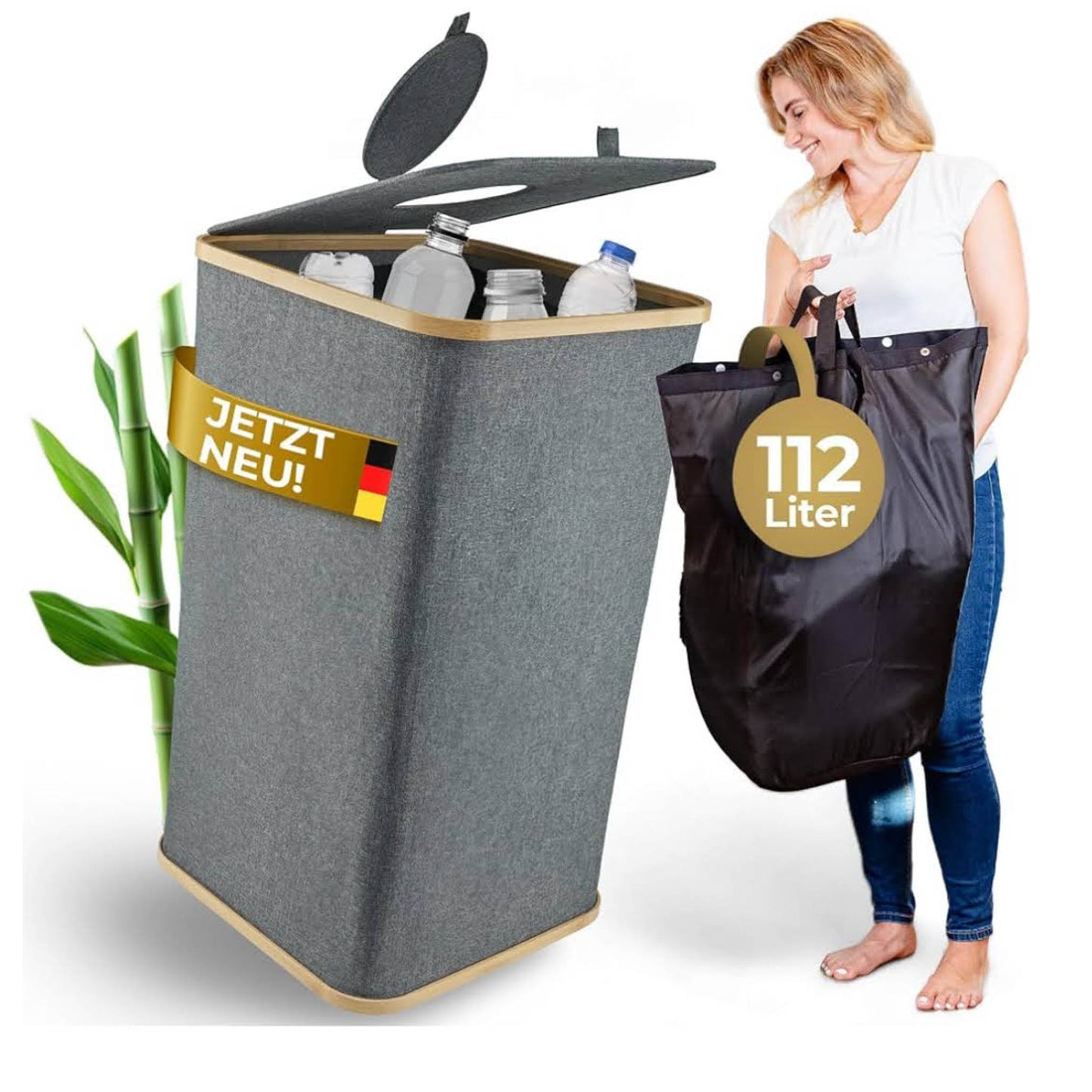 112 L XXL Pfandflaschen Sammelbehälter, Recycling Behälter, wasserfeste Innentasche, stabiler Bambusrahmen.