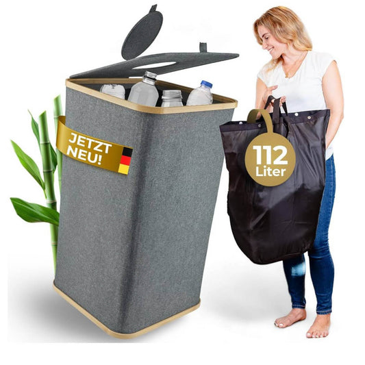 112L XXL Pfandflaschen Sammelbehälter mit Deckel und Innentragetasche – faltbarer, stabiler Flaschenkorb aus Bambus für Pfandflaschen Aufbewahrung & Leergut