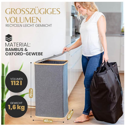 112 L XXL Pfandflaschen Sammelbehälter, Recycling Behälter, wasserfeste Innentasche, stabiler Bambusrahmen.