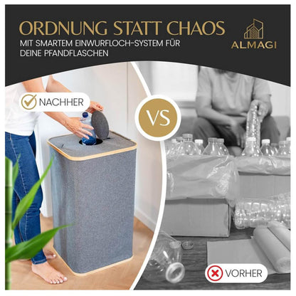 112 L XXL Pfandflaschen Sammelbehälter, Recycling Behälter, wasserfeste Innentasche, stabiler Bambusrahmen.