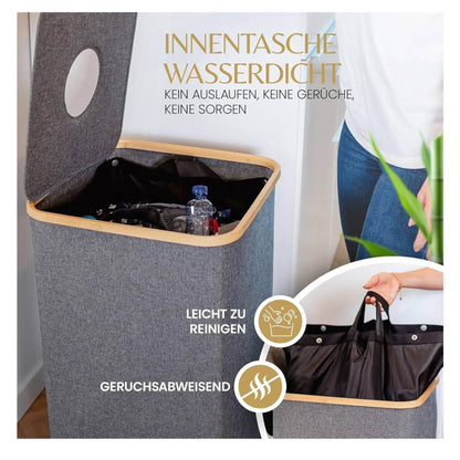 112 L XXL Pfandflaschen Sammelbehälter, Recycling Behälter, wasserfeste Innentasche, stabiler Bambusrahmen.