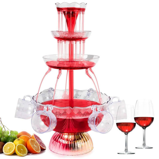 Partybrunnen 3-stufig, Modell mit 5 wiederverwendbaren Bechern, LED-beleuchteter Sockel. Ideal für Feiern, Hauspartys und Geburtstagsfeiern. Perfekt für Saft und Wein. Ein Highlight für jede Feier!