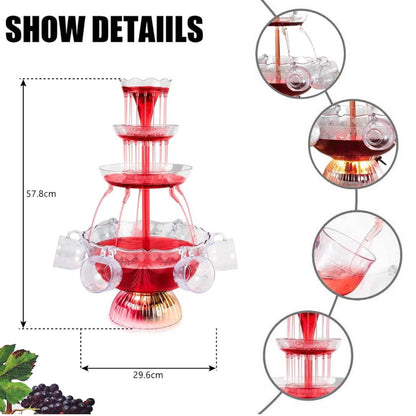Partybrunnen 3-stufig, Modell mit 5 wiederverwendbaren Bechern, LED-beleuchteter Sockel. Ideal für Feiern, Hauspartys und Geburtstagsfeiern. Perfekt für Saft und Wein. Ein Highlight für jede Feier!