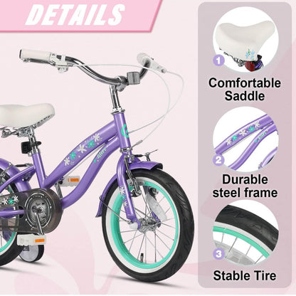 Glerc Freesia 14 Zoll Kinderfahrrad, Retro-Vintage, für Mädchen 3-5 Jahre, mit Stabilisatoren und Glocke, violett.