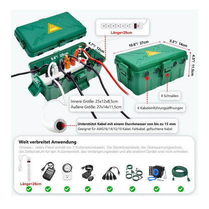 Grün, IP54, Elektrobox, Wetterfest, schützt Steckdose, Timer, Plug, für Außenbereich, 27x14.5x12.5 cm