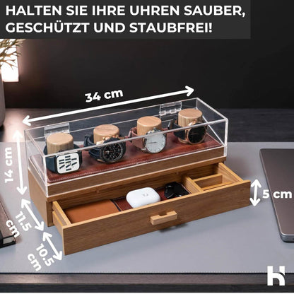 Holme & Hadfield Uhrenvitrine, Uhrenständer, Holz, Herren-Uhrenbox, Organizer mit Display und Schublade für Zubehör.