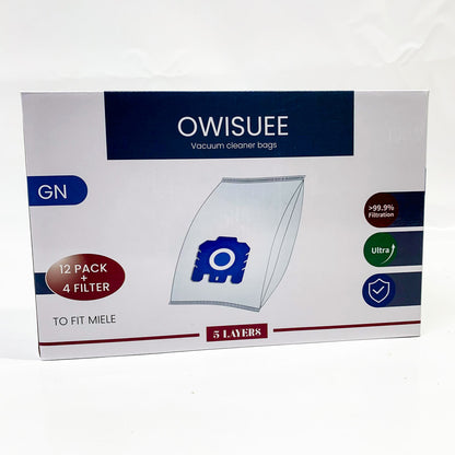 Miele 3D Effizienz GN Staubsaugerbeutel 12er Pack für Classic C1, Complete C2/C3, S8/S5/S2, inkl. 4 Filter
