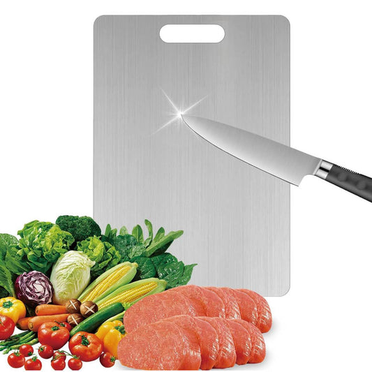Titan Schneidebrett, Edelstahl, rutschfest, antibakteriell, spülmaschinenfest, mit Aufhängelöchern, ideal für Fleisch, Gemüse, Obst.