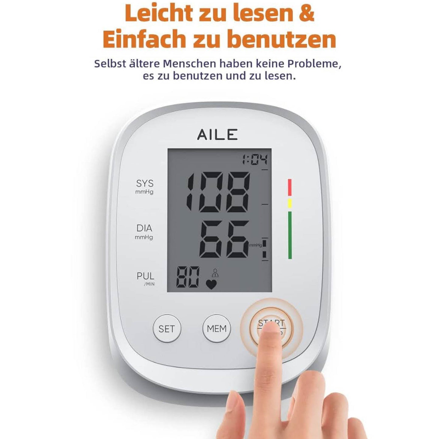 AILE Oberarm-Blutdruckmessgerät, automatisches Gerät für Heimgebrauch, große verstellbare Manschette (22-42 cm).