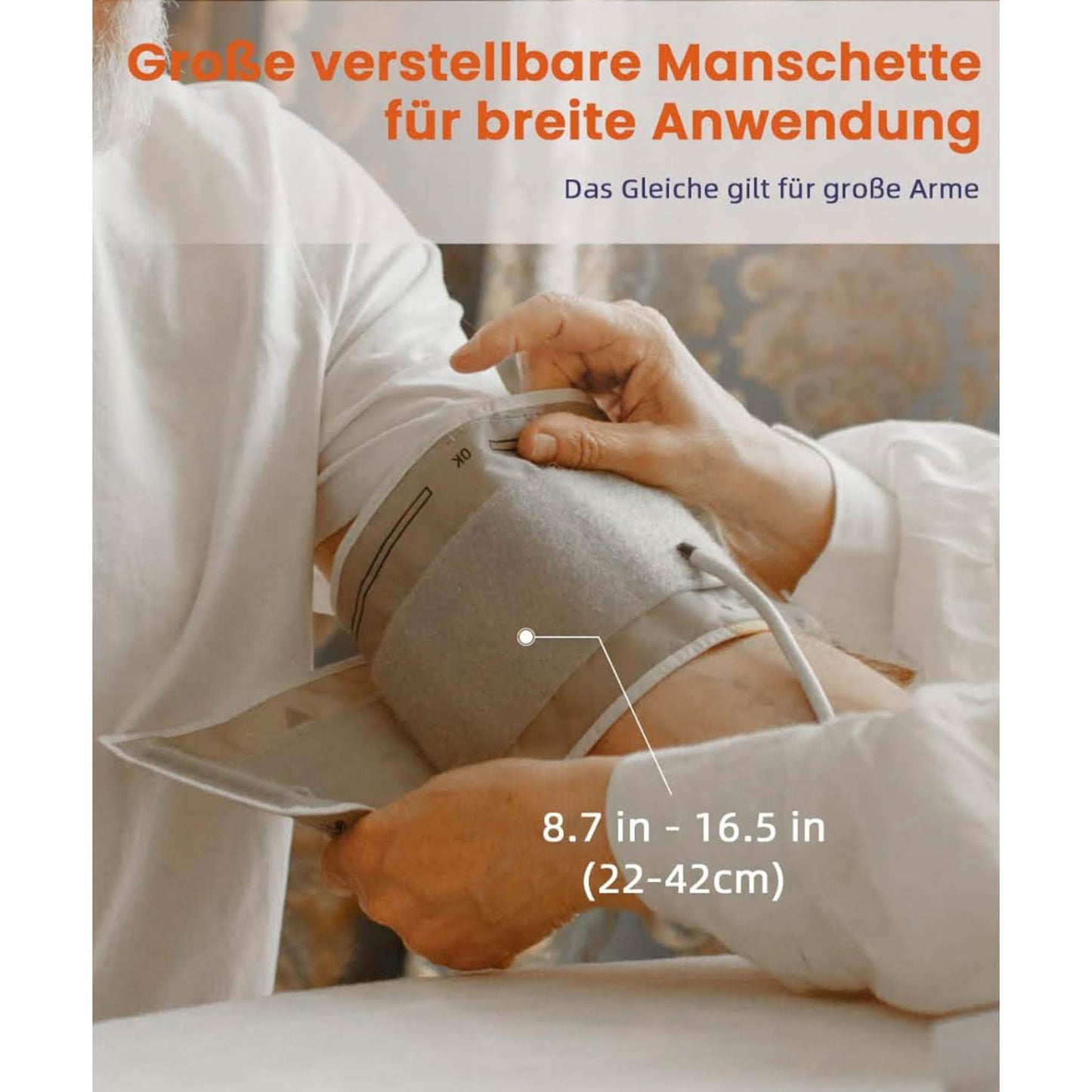 AILE Oberarm-Blutdruckmessgerät, automatisches Gerät für Heimgebrauch, große verstellbare Manschette (22-42 cm).