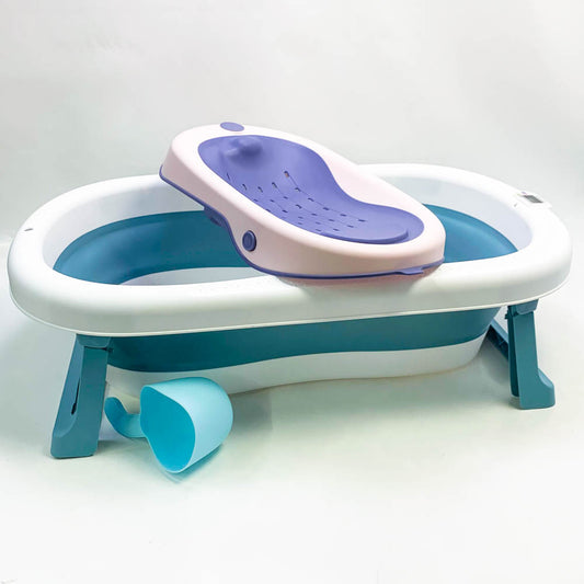 Large foldable baby bathtub 55 l with pillow ball rinsing skull for babies foldable bathtub for 0-6 years blue with bath seat thermometer