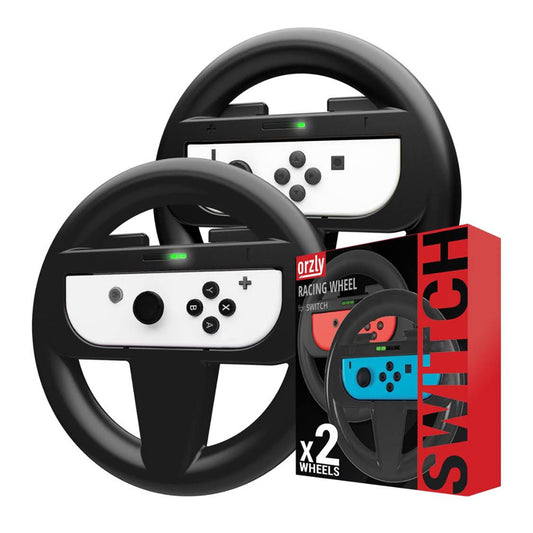 Orzly 2 x Lenkräder, Joy-Con Lenkräder für Nintendo Switch, Twin Pack, schwarz, ergonomisch, ideal für Rennspiele.