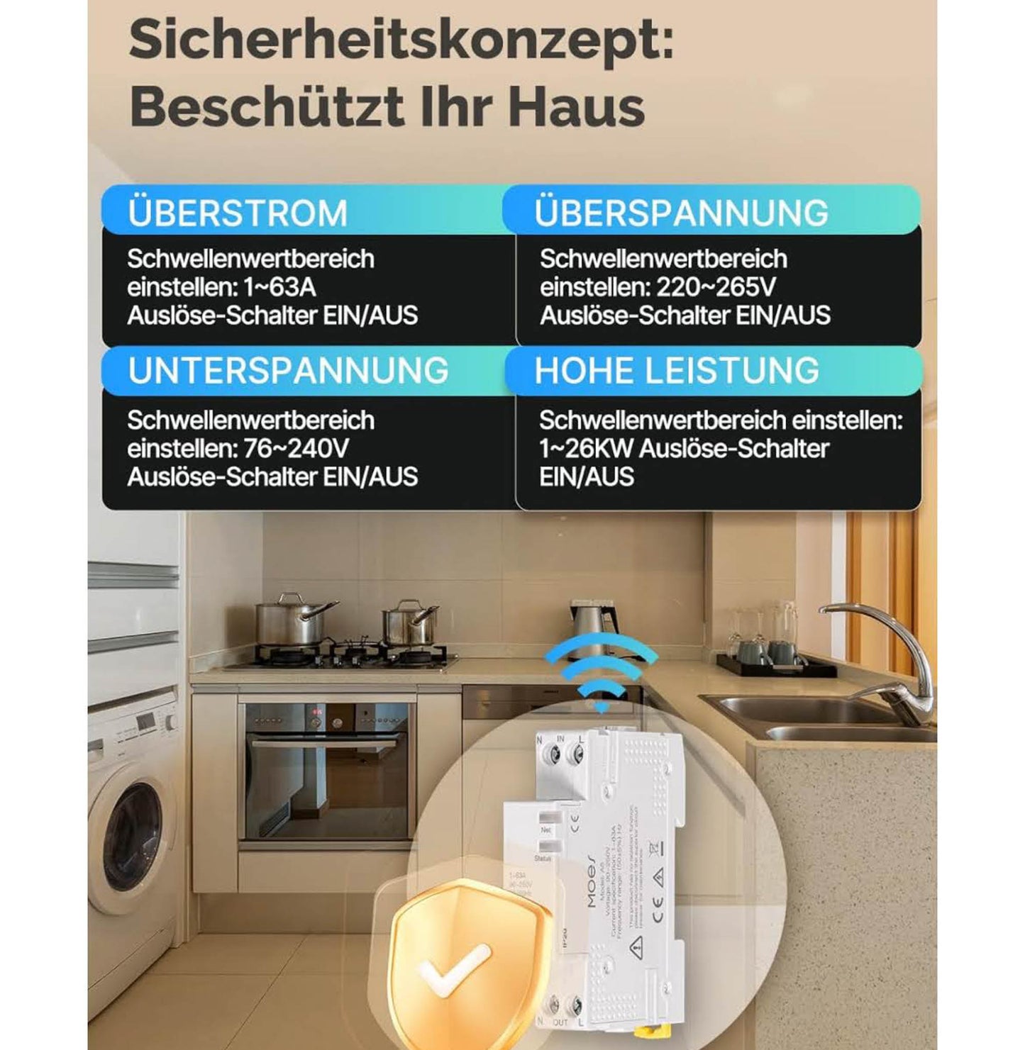 MOES Smart Zeitschaltuhr 1P+N, WLAN Schalter, 16A-63A, mit Metering, Alexa & Google Home kompatibel, Überstrom- und Überspannungsschutz.