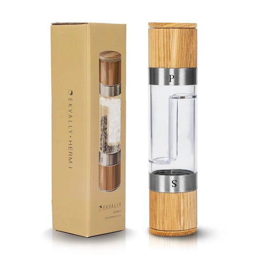 EKVALLY HERM I 2in1 Gewürzmühle, Eiche, Keramikmahlwerk, für Salz und Pfeffer, stilvolles Design, ohne Inhalt.