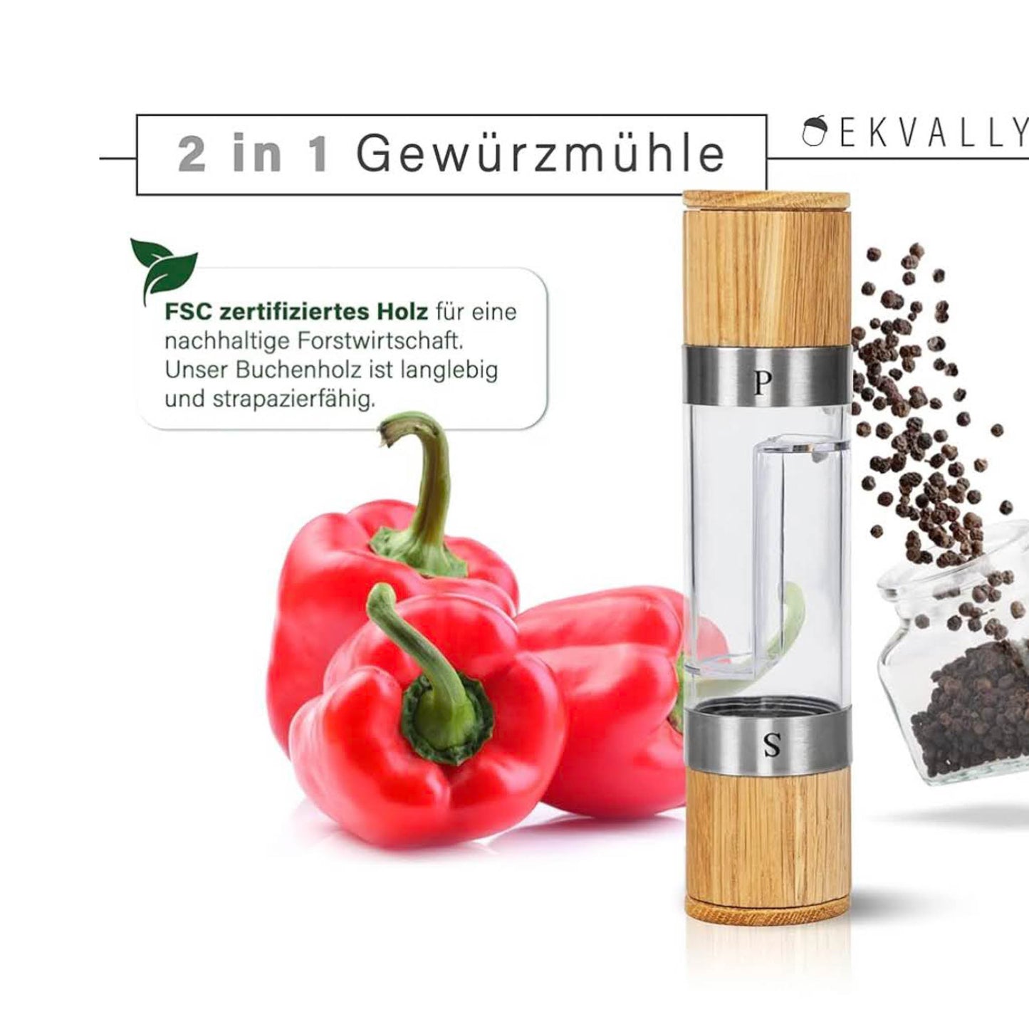 EKVALLY HERM I 2in1 Gewürzmühle, Eiche, Keramikmahlwerk, für Salz und Pfeffer, stilvolles Design, ohne Inhalt.
