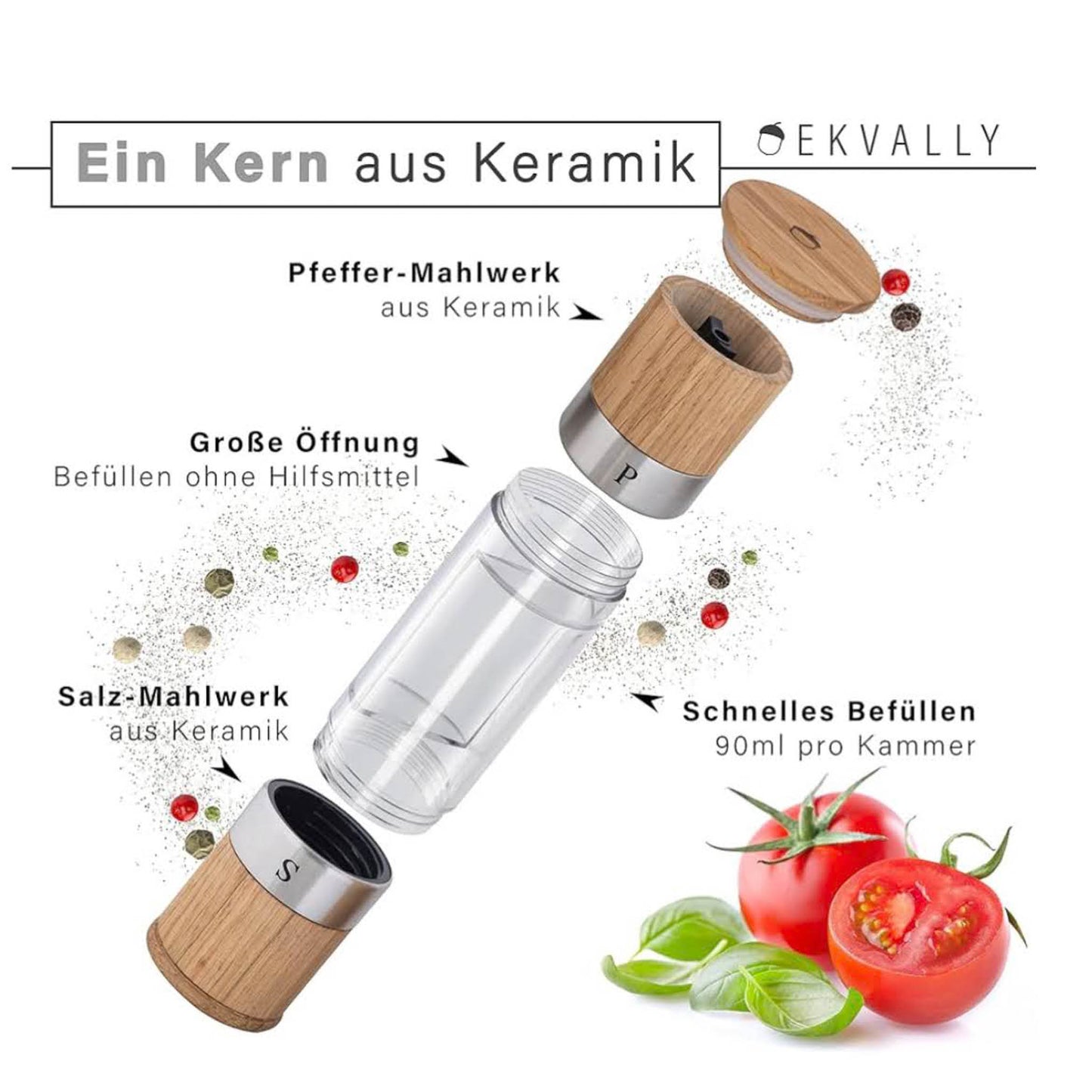 EKVALLY HERM I 2in1 Gewürzmühle, Eiche, Keramikmahlwerk, für Salz und Pfeffer, stilvolles Design, ohne Inhalt.