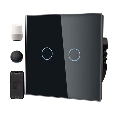 PANGTZEEN Smart WiFi Lichtschalter 2 Fach, 2.4GHz, Alexa & Google Home, Tuya App, Sprachsteuerung, gehärtetes Glas, Unterputz, Schwarz