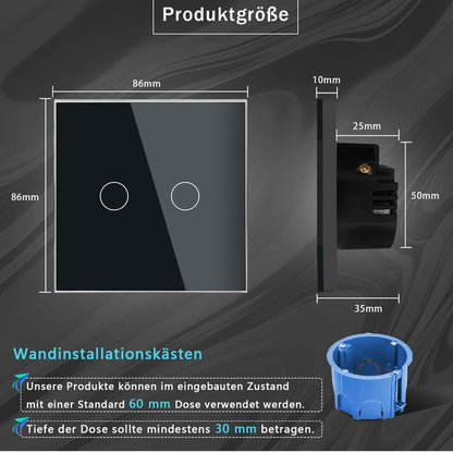 PANGTZEEN Smart WiFi Lichtschalter 2 Fach, 2.4GHz, Alexa & Google Home, Tuya App, Sprachsteuerung, gehärtetes Glas, Unterputz, Schwarz