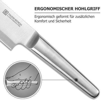 Paudin Küchenmesser Set, Edelstahl, Kochmesser, Brotmesser, Fleischmesser, scharfe Klingen, ergonomischer Griff, langlebig.
