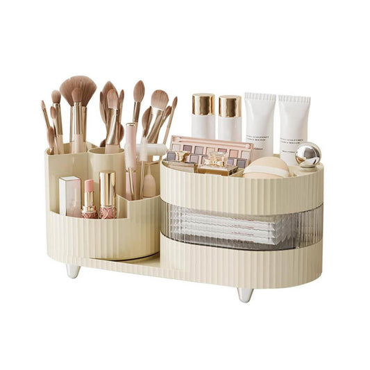 360° Kosmetik Organizer, drehbar, 3 Schichten, 2-in-1 für Make-up & Skincare, ideal für Bad und Schlafzimmer.