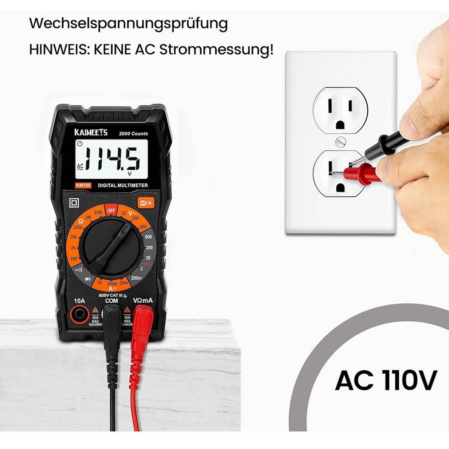 KAIWEETS KM100 Digital Multimeter, Spannungsmesser, AC/DC Spannung, DC Strom, Durchgang, Widerstand, Diode