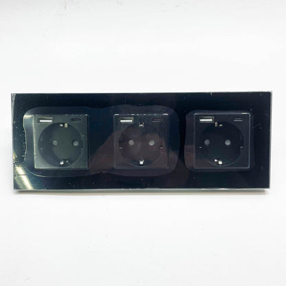 PANGTZEEN Schuko Steckdose 3-fach, USB A + Typ C, gehärtetes Glas, 16A, Unterputz, schwarz, ideal für Schlafzimmer und Büro.