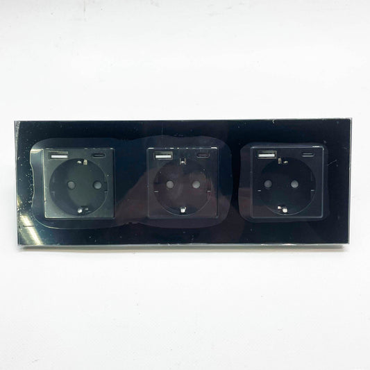 PANGTZEEN Schuko Steckdose 3-fach, USB A + Typ C, gehärtetes Glas, 16A, Unterputz, schwarz, ideal für Schlafzimmer und Büro.