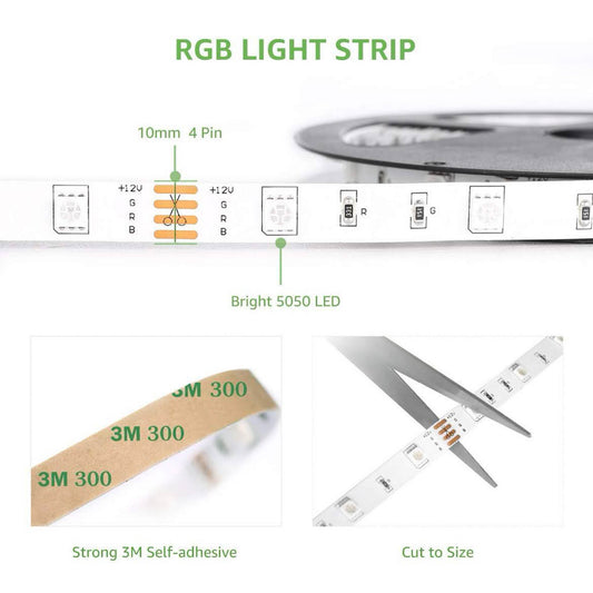 RGB LED Strip 5050, 15m, Dekorationsstreifen, 8 Modi, 20 Farben, dimmbar, inkl. Dimmer & 44-Tasten-Fernbedienung, 2x7,5m.