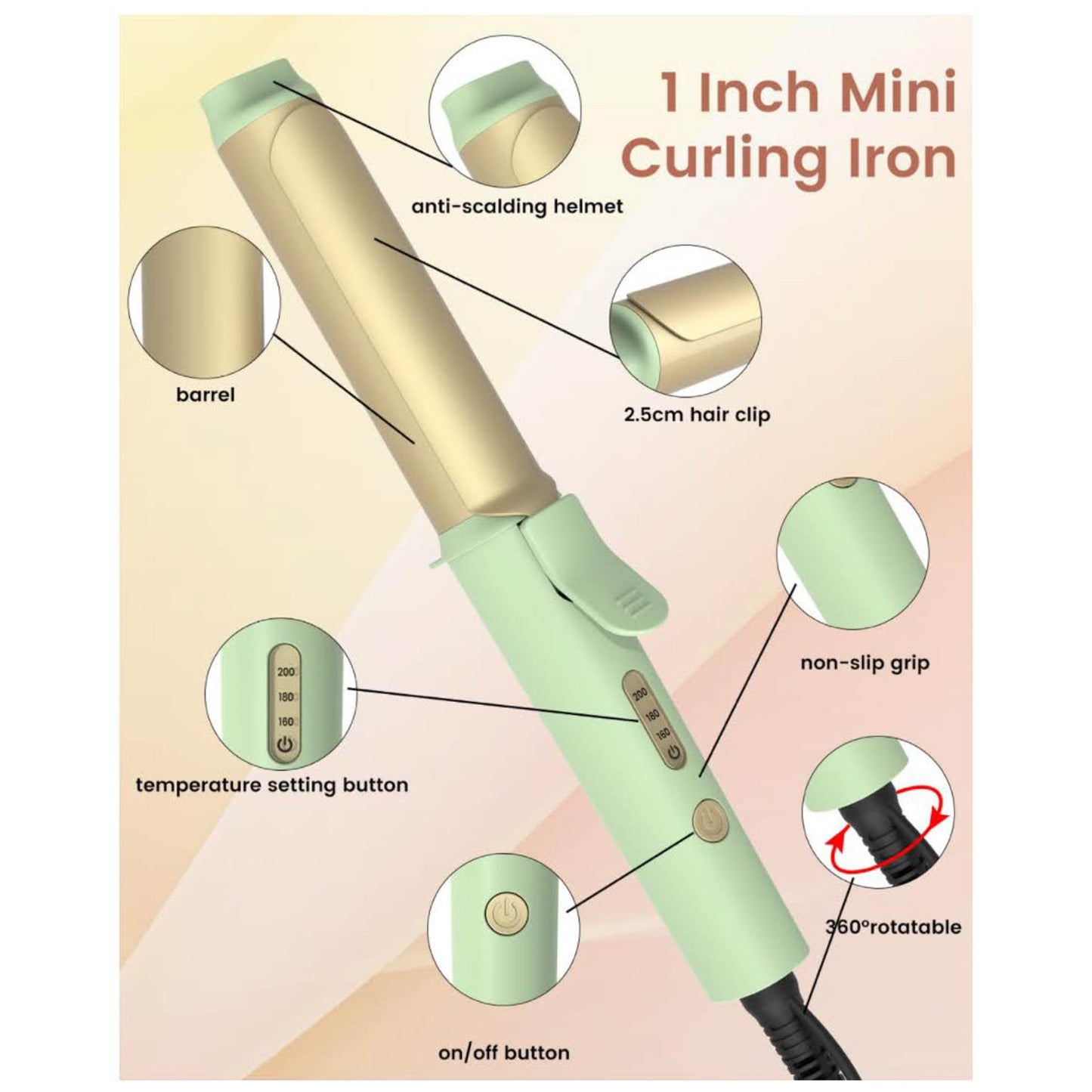Lockenstab 25mm Mini Elektrisch für Kurze Haare 160-200℃ 3 Temperaturstufen PTC 10s Heizung mit Handschuh und Tasche