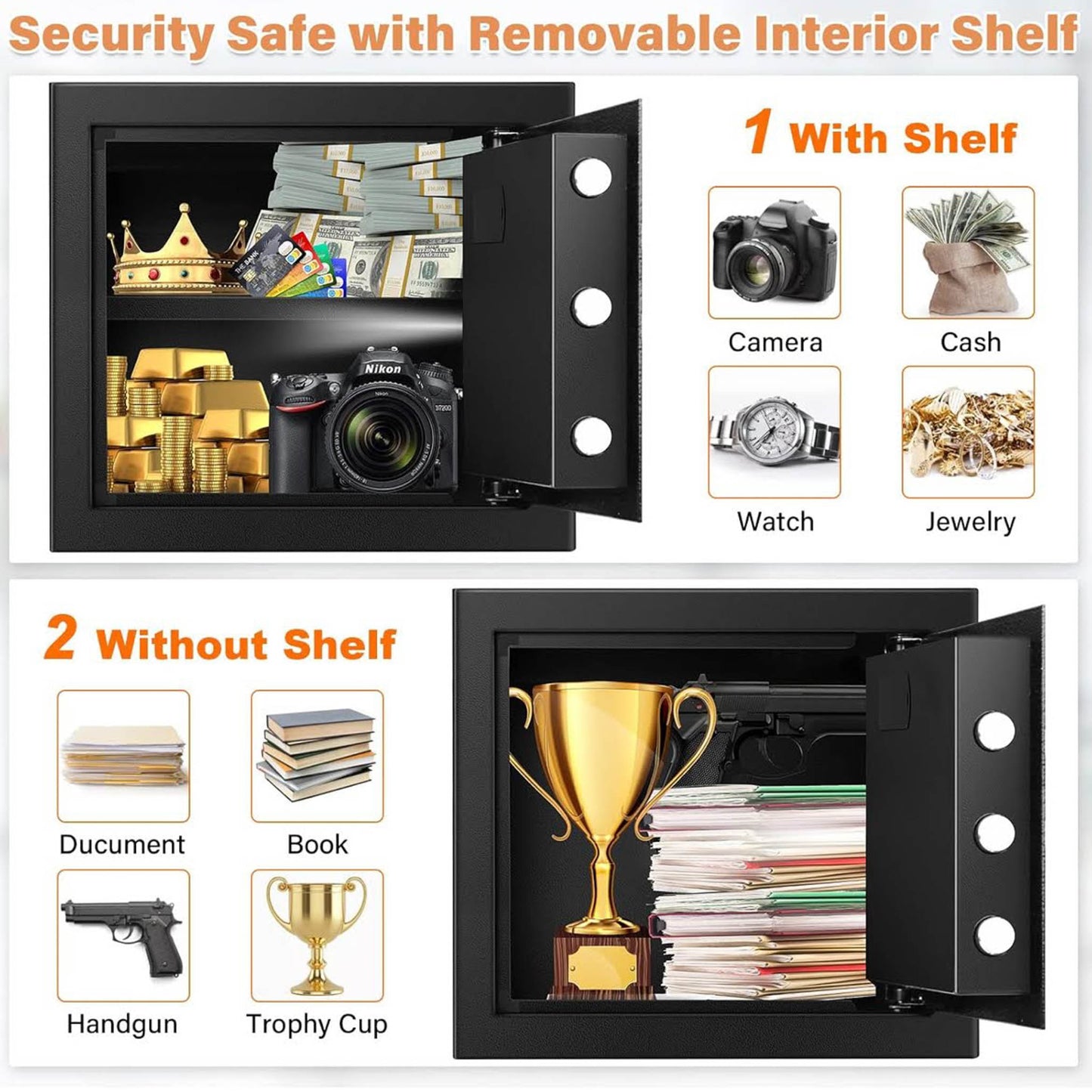 40L Feuerfester Safe, Digitaler Möbeltresor, A4 Dokumententasche, herausnehmbares Regal, Alarmanlage, ideal für Bargeld, Medikamente, Schmuck.