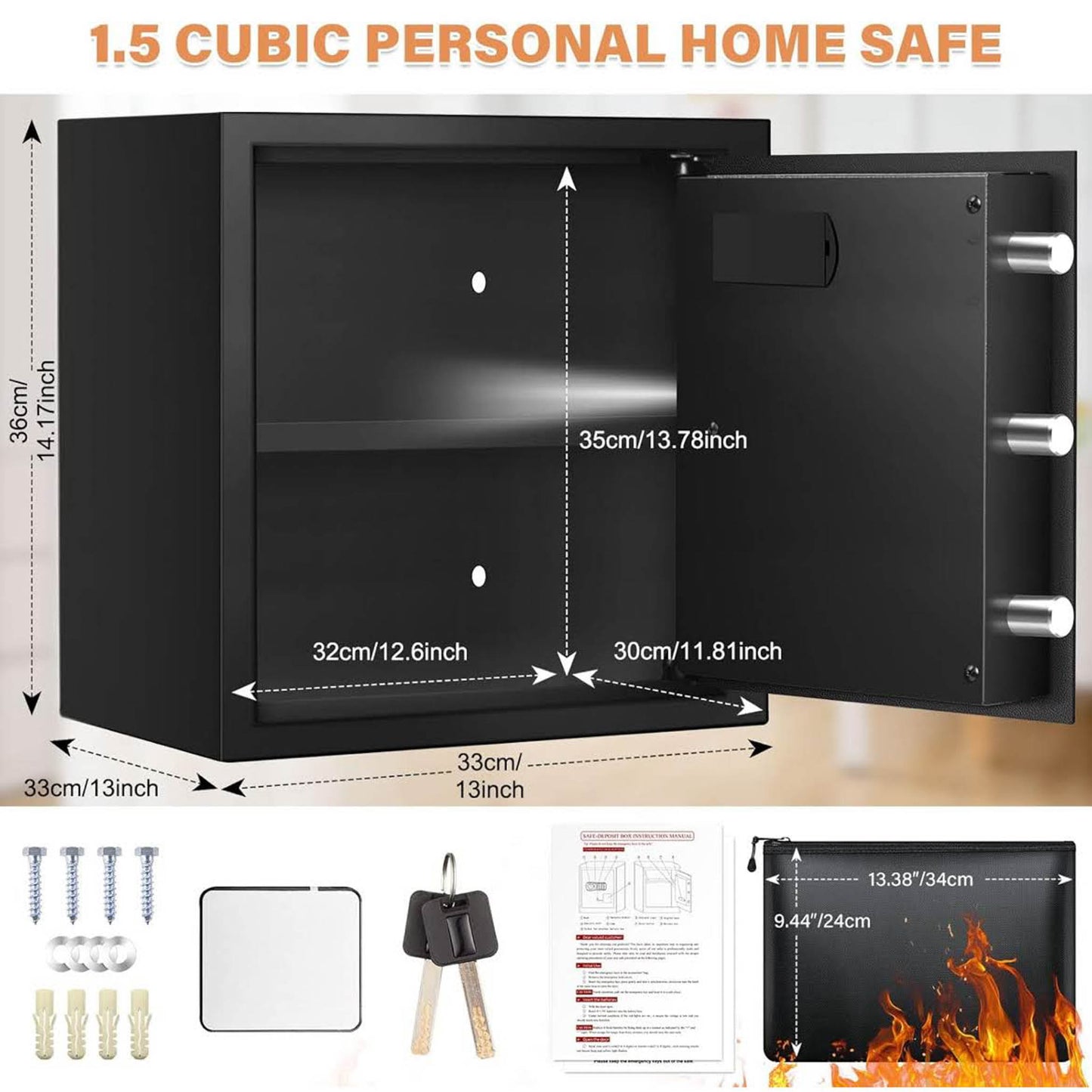 40L Feuerfester Safe, Digitaler Möbeltresor, A4 Dokumententasche, herausnehmbares Regal, Alarmanlage, ideal für Bargeld, Medikamente, Schmuck.