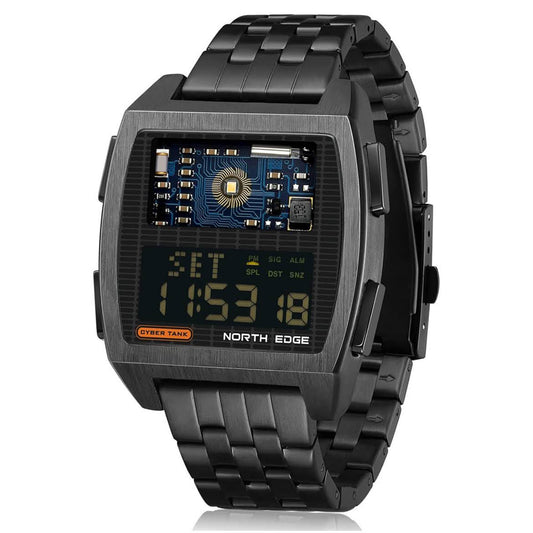 North Edge Männeruhr, Modell: Cyber Tank, Digitale Sportuhr, Retro-Design, 50m wasserdicht, Metallgehäuse, ideal für aktive Männer.