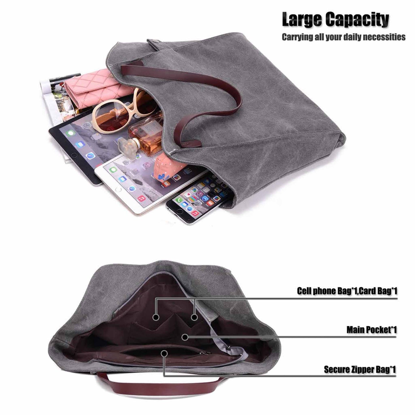 LOSMILE Damen Handtasche Hobo Shopper Beige, vielseitig, strapazierfähig, ideal für Strand und Alltag.