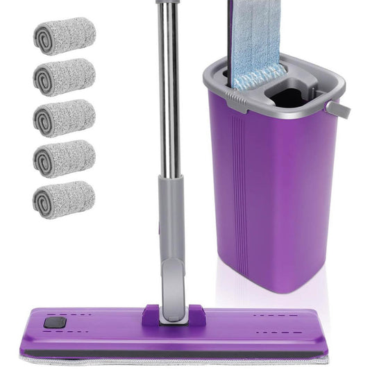 Masthome Wischmopp Set, Bodenwischer, 138cm Edelstahlgriff, Auswringfunktion, 5 Mikrofaser Pads, Violett