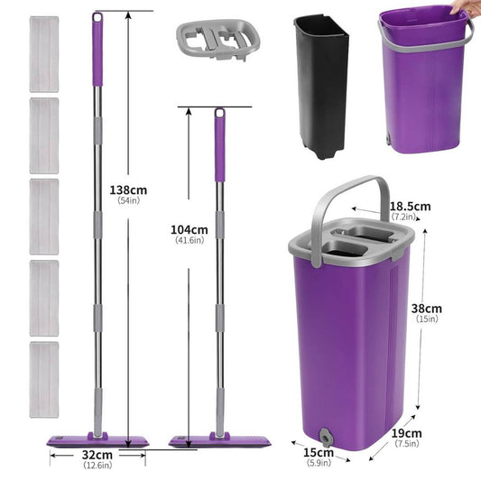 Masthome Wischmopp Set, Bodenwischer, 138cm Edelstahlgriff, Auswringfunktion, 5 Mikrofaser Pads, Violett