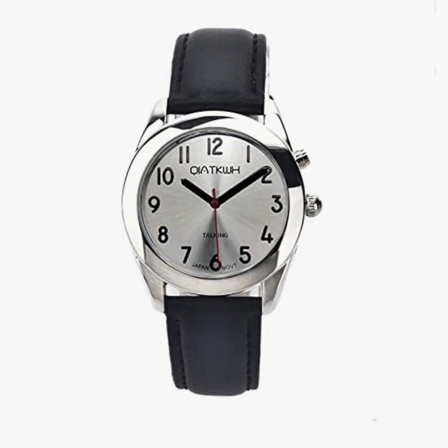 QIATKWH Deutsch sprechende Uhr, Zifferblatt mit Sonnenmuster, Silbergehäuse, schwarzes Lederarmband, einziehbares Edelstahlarmband