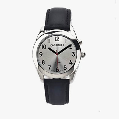 QIATKWH Deutsch sprechende Uhr, Zifferblatt mit Sonnenmuster, Silbergehäuse, schwarzes Lederarmband, einziehbares Edelstahlarmband